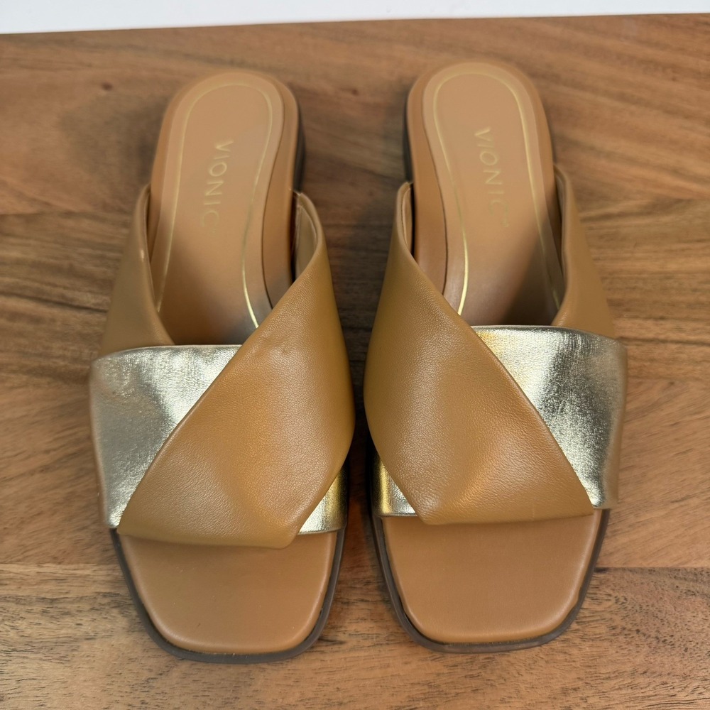 New‎ Womens Vionic Miramar Slides Tan/Gold Leather Mules Sandals Size 6 M